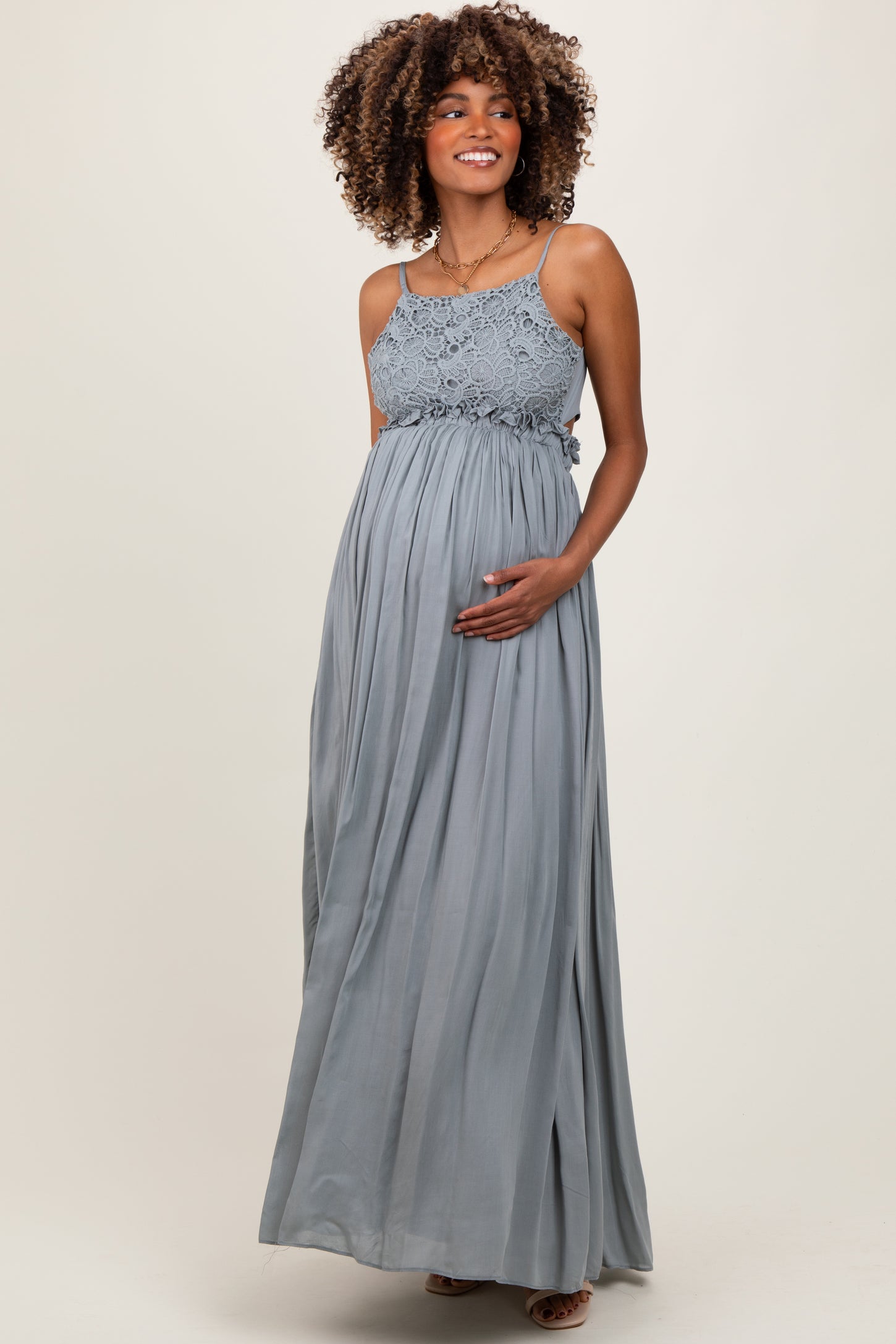 Grey Lace Bodice Cutout Tie Back Maternity Maxi Dress