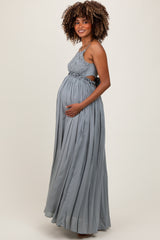 Grey Lace Bodice Cutout Tie Back Maternity Maxi Dress