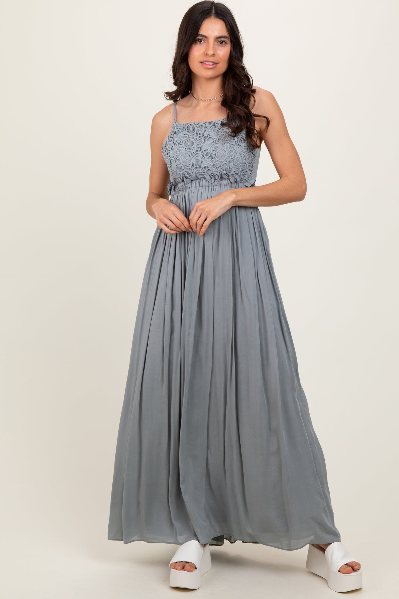 Grey Lace Bodice Cutout Tie Back Maternity Maxi Dress