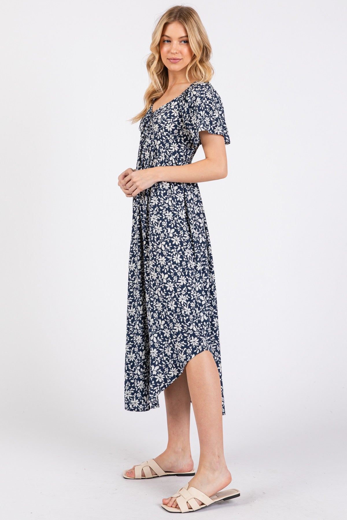 Navy Blue Floral Ruched Tie Front Midi Dress