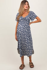Navy Blue Floral Ruched Tie Front Maternity Midi Dress