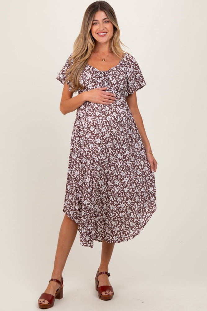 Brown Floral Ruched Tie Front Maternity Midi Dress