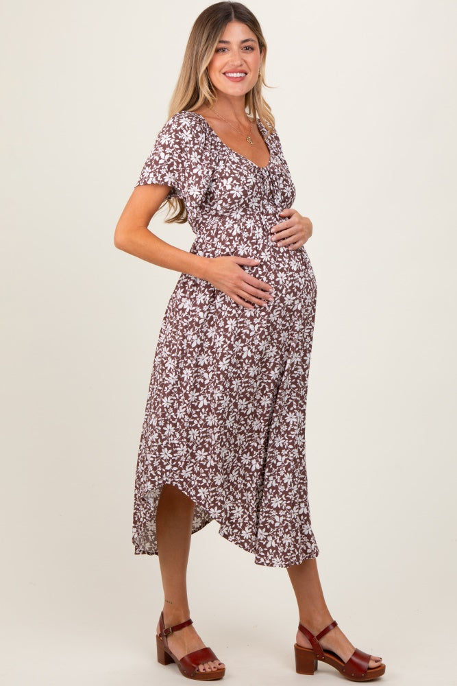 Brown Floral Ruched Tie Front Maternity Midi Dress