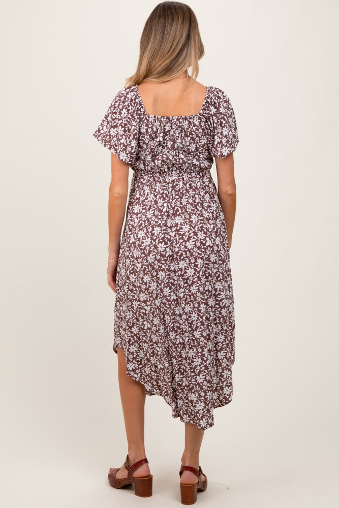 Brown Floral Ruched Tie Front Maternity Midi Dress