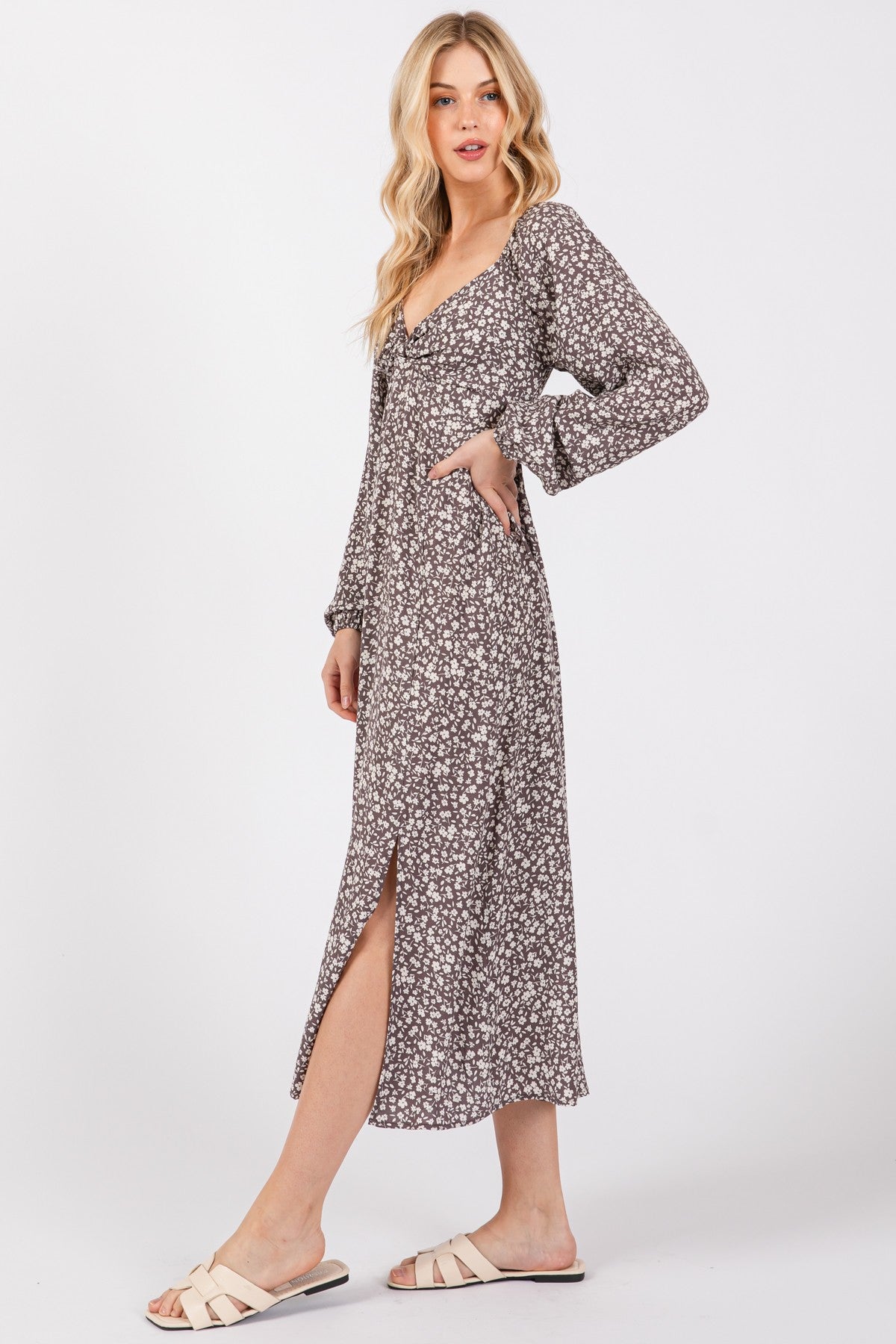 Mocha Floral Twist Front Long Sleeve Midi Dress