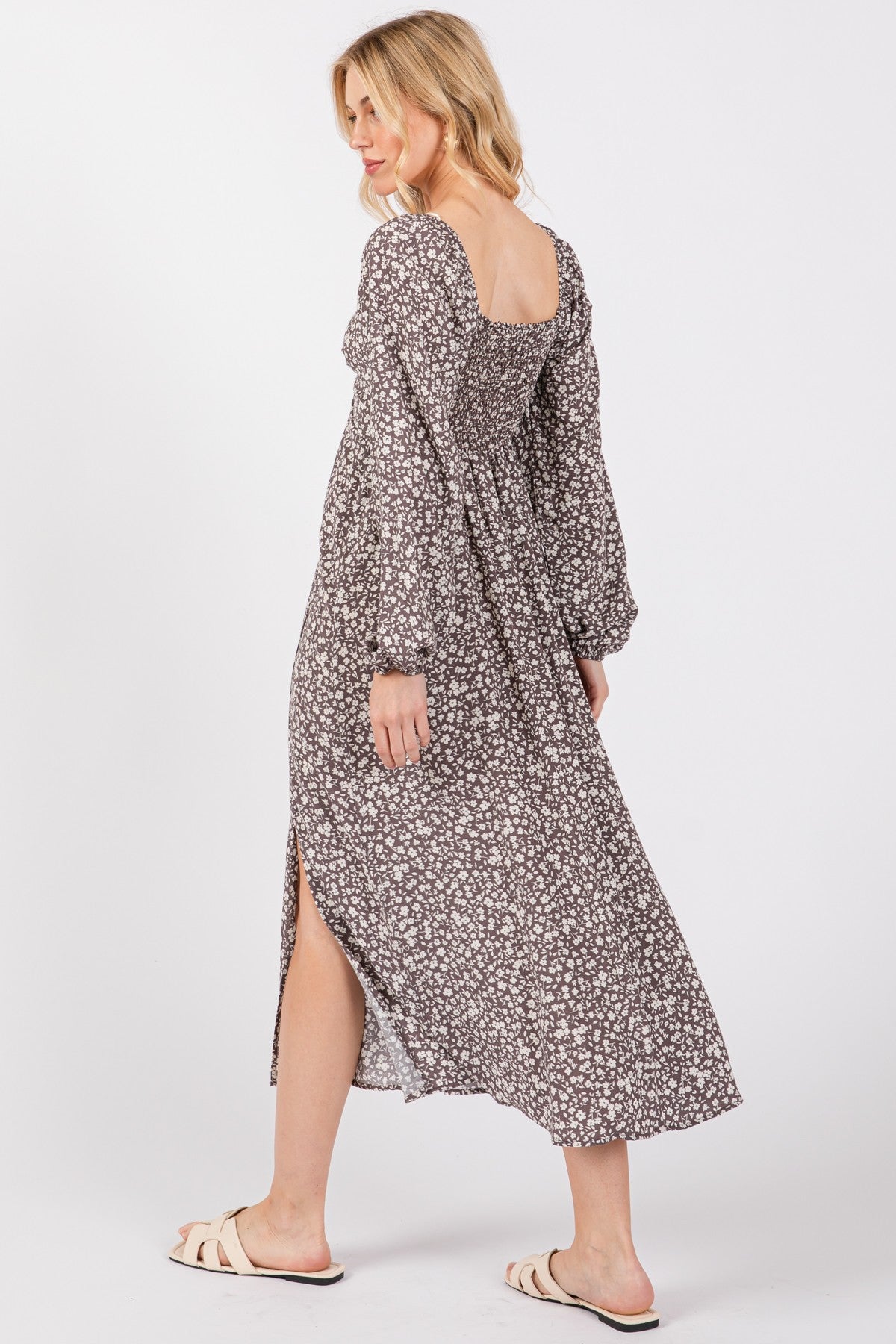 Mocha Floral Twist Front Long Sleeve Midi Dress
