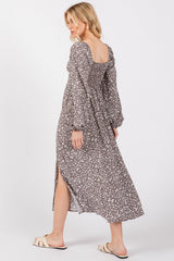 Mocha Floral Twist Front Long Sleeve Midi Dress