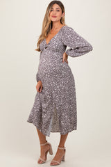 Mocha Floral Twist Front Long Sleeve Maternity Midi Dress