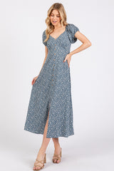 Teal Floral V-Neck Button Front Midi Dress