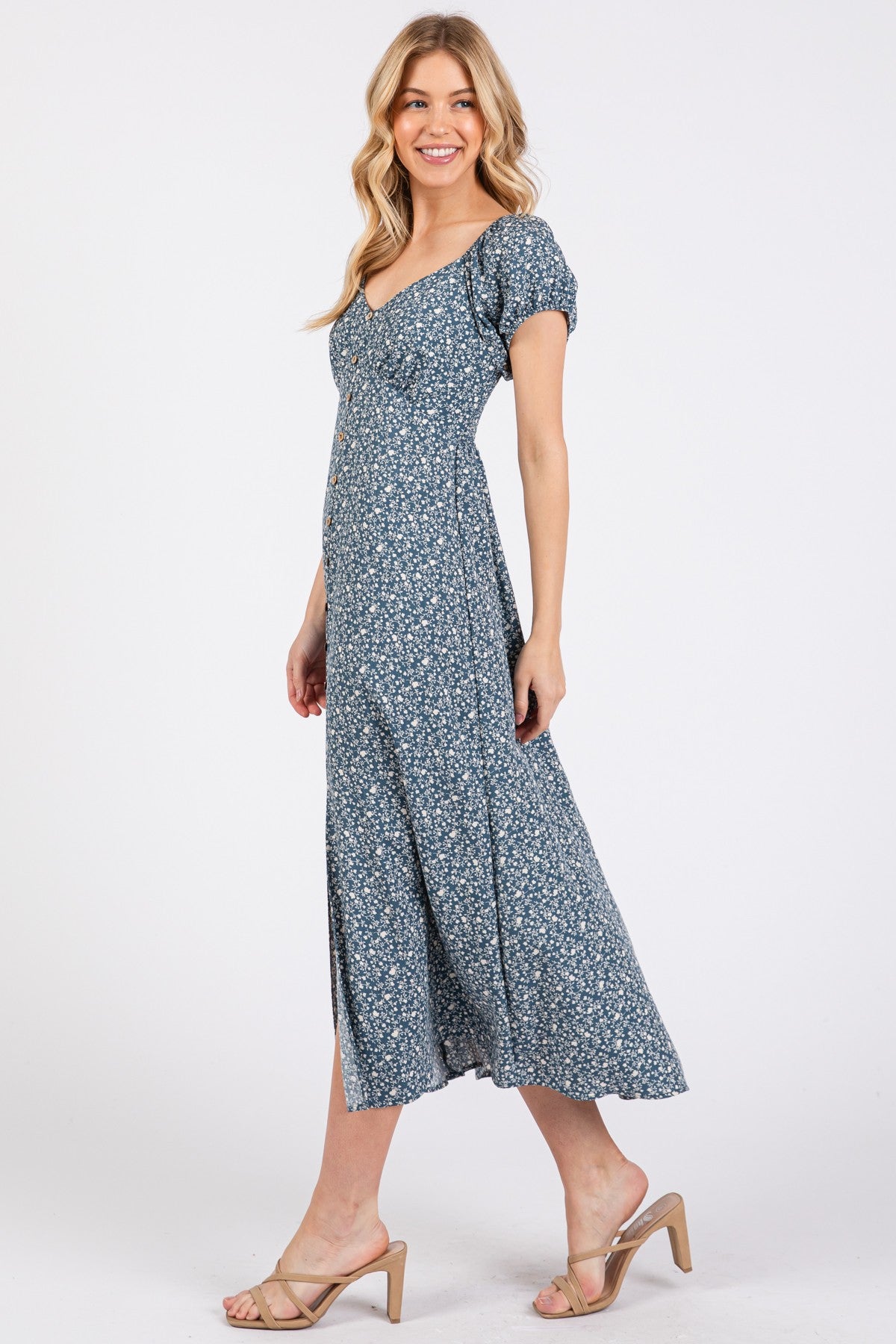 Teal Floral V-Neck Button Front Midi Dress