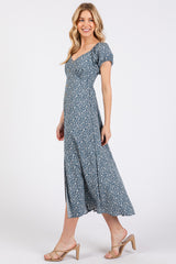 Teal Floral V-Neck Button Front Midi Dress