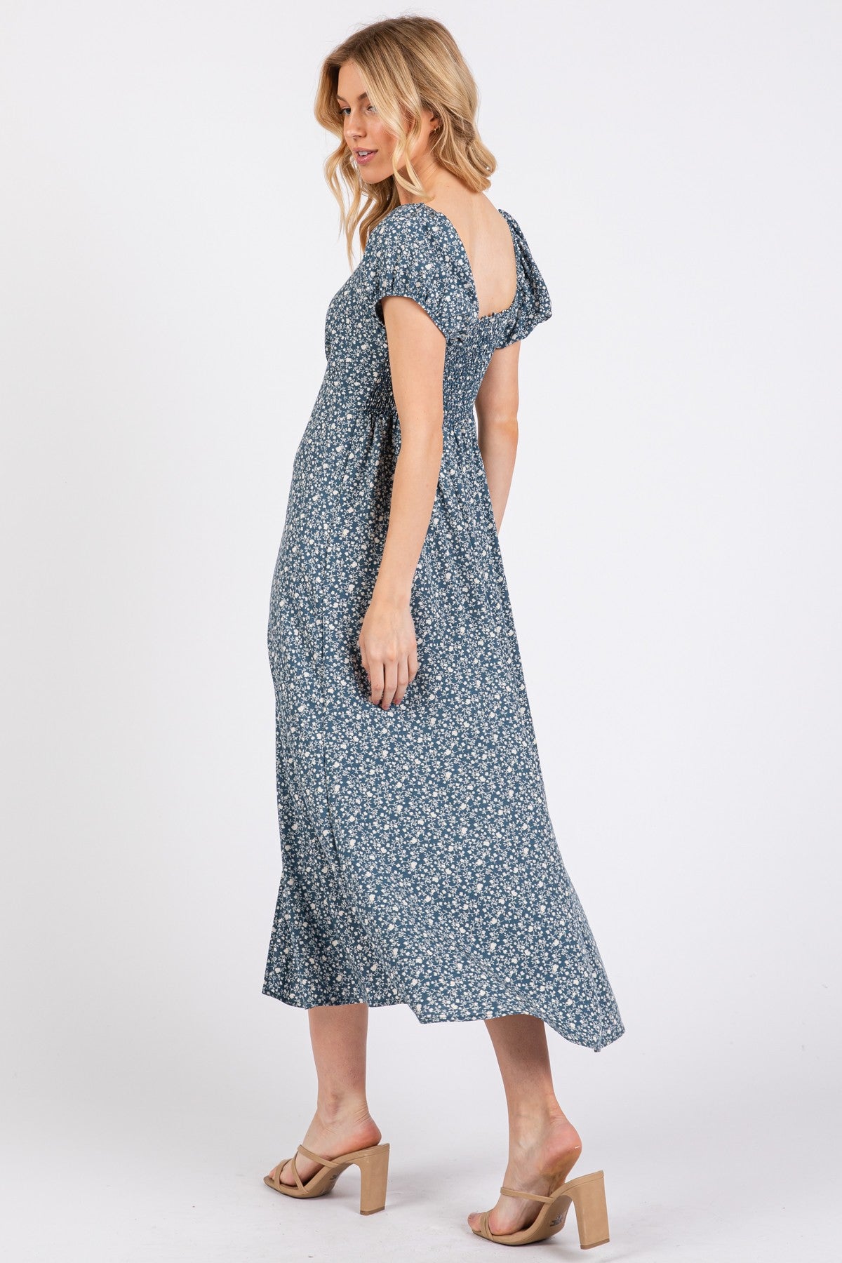 Teal Floral V-Neck Button Front Midi Dress