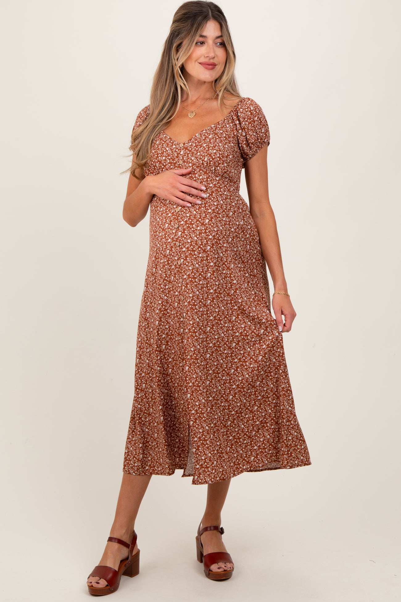 Rust Floral V-Neck Button Front Maternity Midi Dress