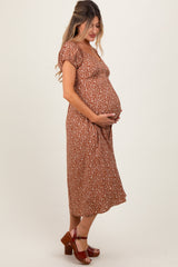 Rust Floral V-Neck Button Front Maternity Midi Dress
