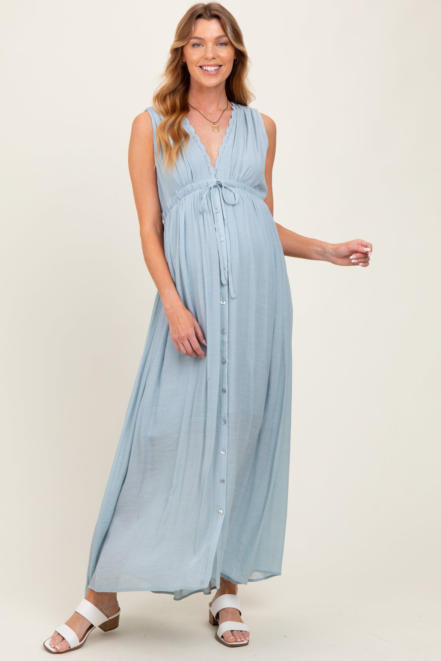 Light Blue Deep V-Neck Sleeveless Button Down Maternity Maxi Dress