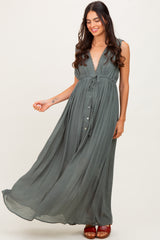 Olive Deep V-Neck Sleeveless Button Down Maternity Maxi Dress