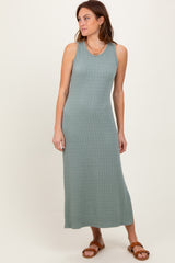 Green Jacquard Sleeveless Side Slit Midi Dress