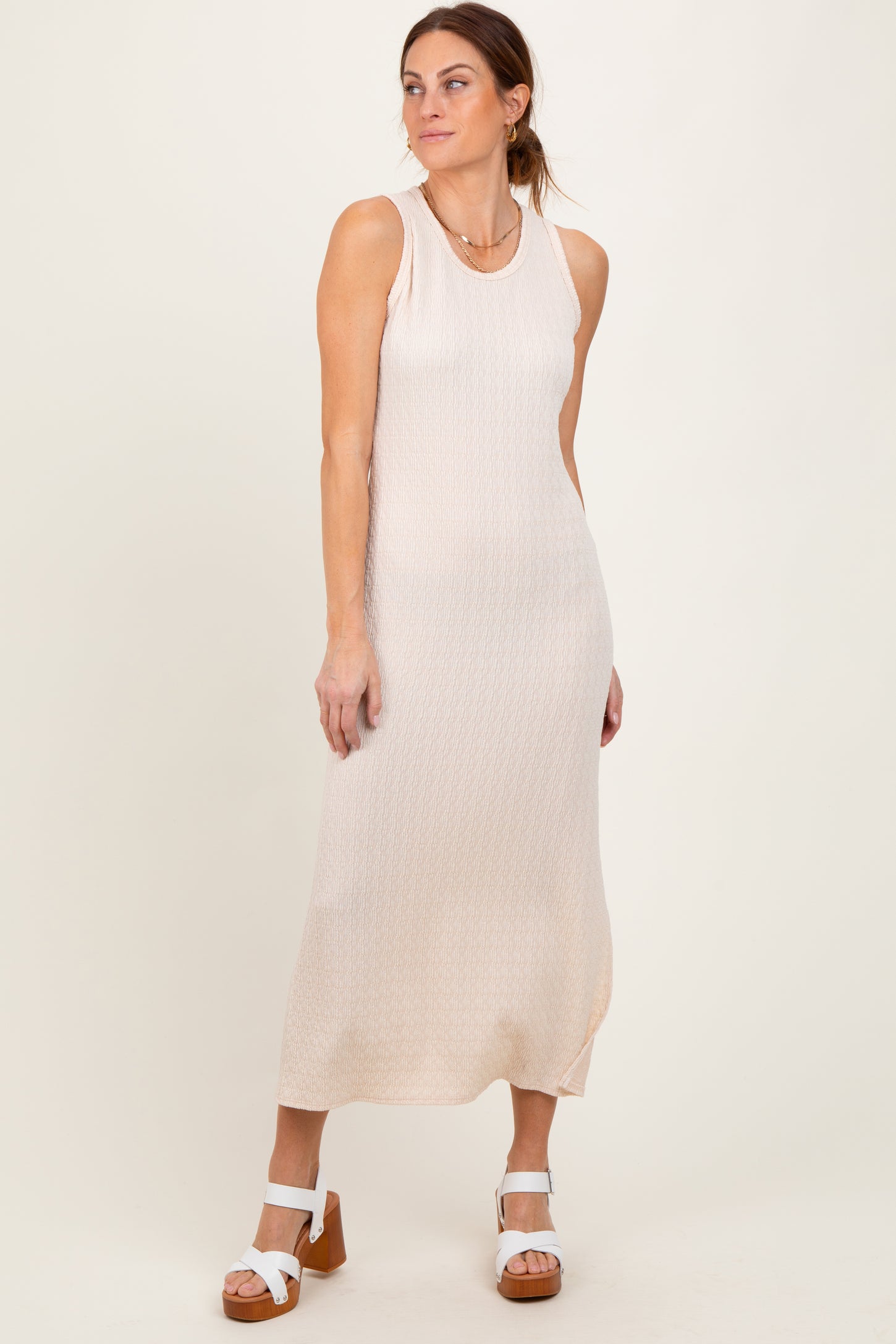 Cream Jacquard Sleeveless Side Slit Maternity Midi Dress