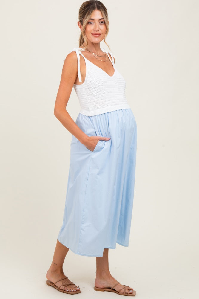 Light Blue Contrast Knit Bodice Maternity Midi Dress