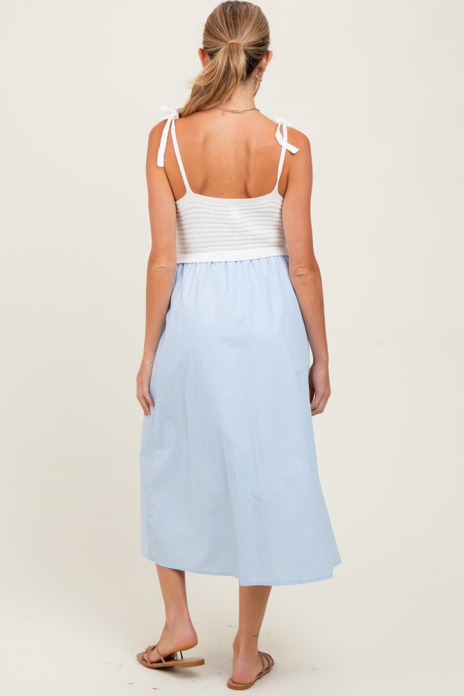 Light Blue Contrast Knit Bodice Maternity Midi Dress