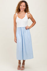 Light Blue Contrast Knit Bodice Maternity Midi Dress