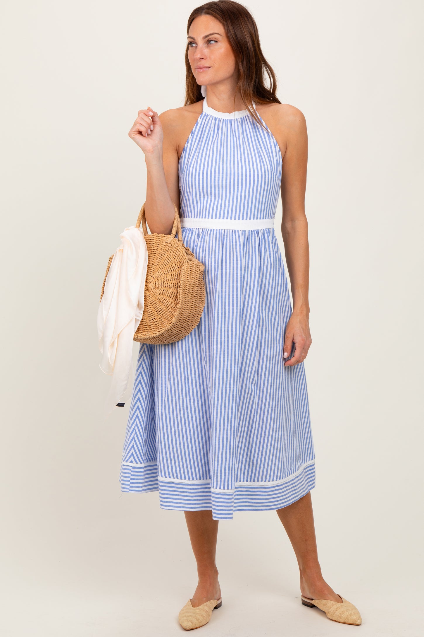 Blue Striped Halter Maternity Tie Back Cutout Maternity Midi Dress