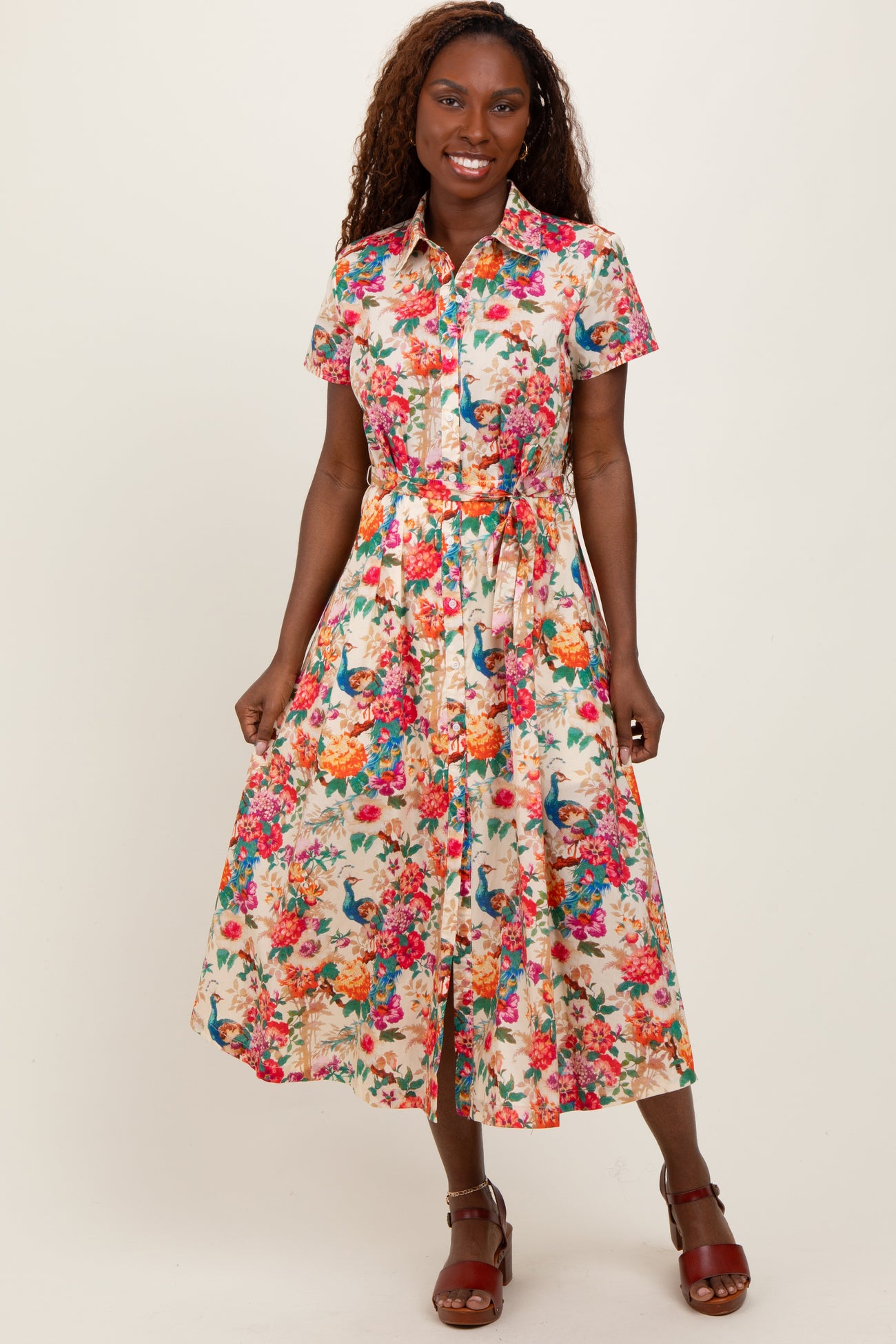 Cream Floral Button Down Maternity Midi Shirt Dress