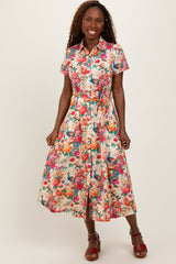 Cream Floral Button Down Maternity Midi Shirt Dress