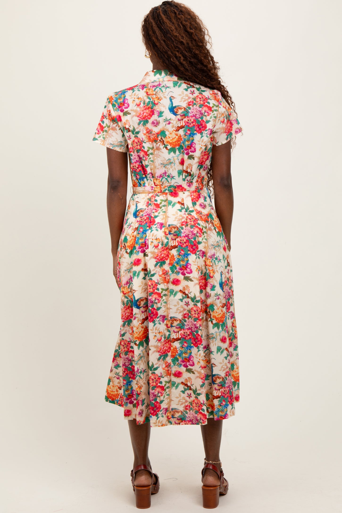 Cream Floral Button Down Midi Shirt Dress