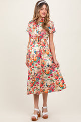 Cream Floral Button Down Maternity Midi Shirt Dress