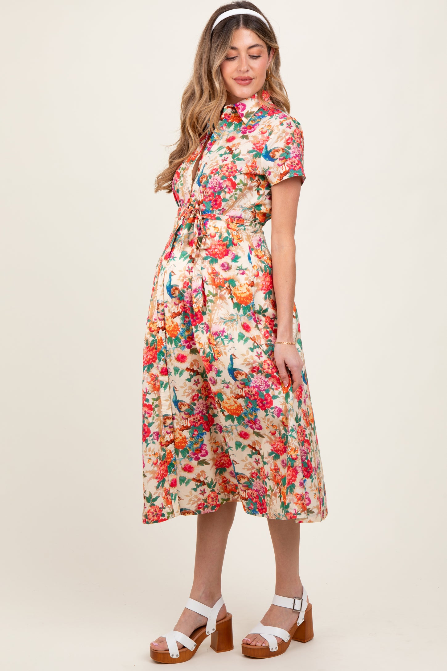 Cream Floral Button Down Maternity Midi Shirt Dress