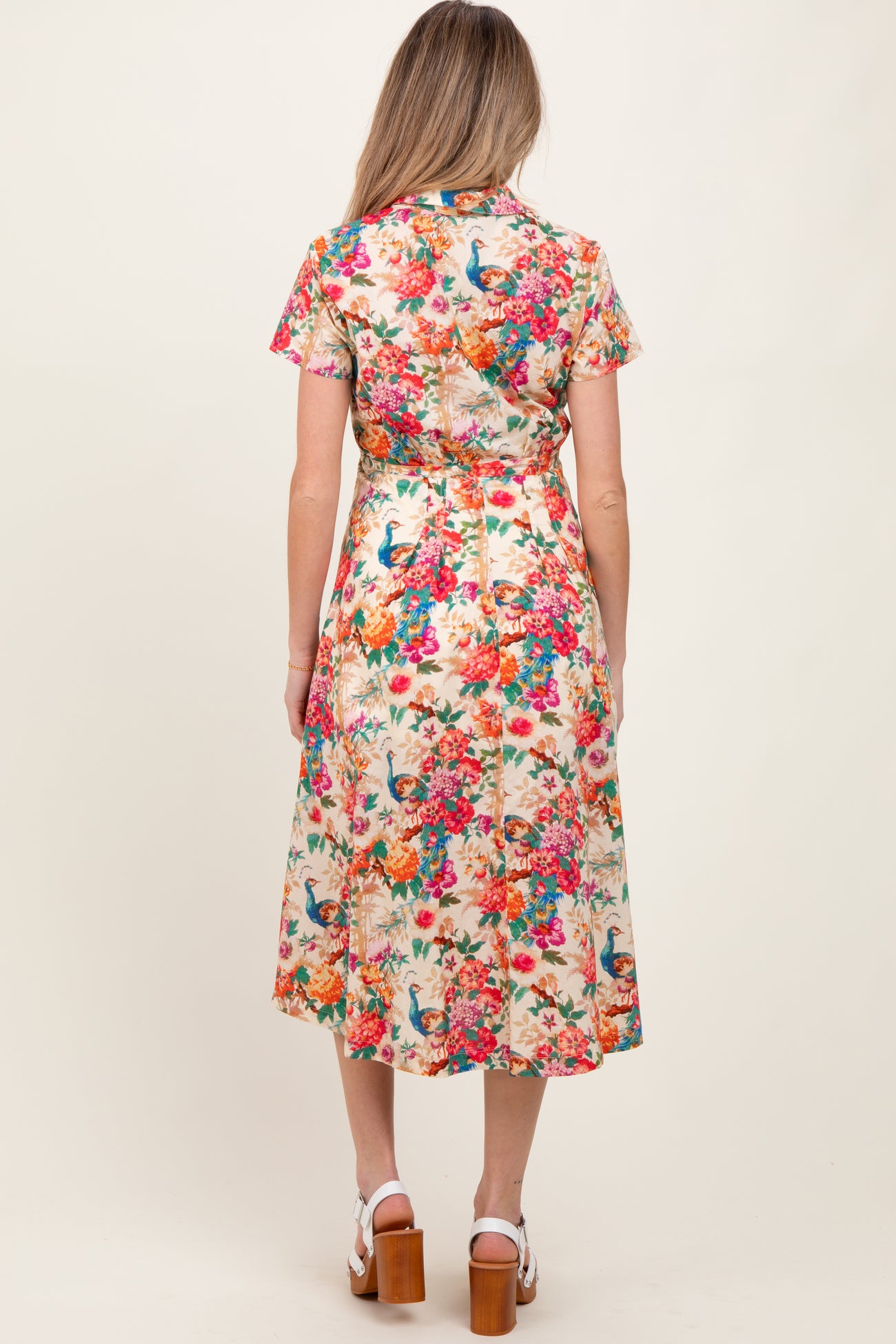 Cream Floral Button Down Maternity Midi Shirt Dress