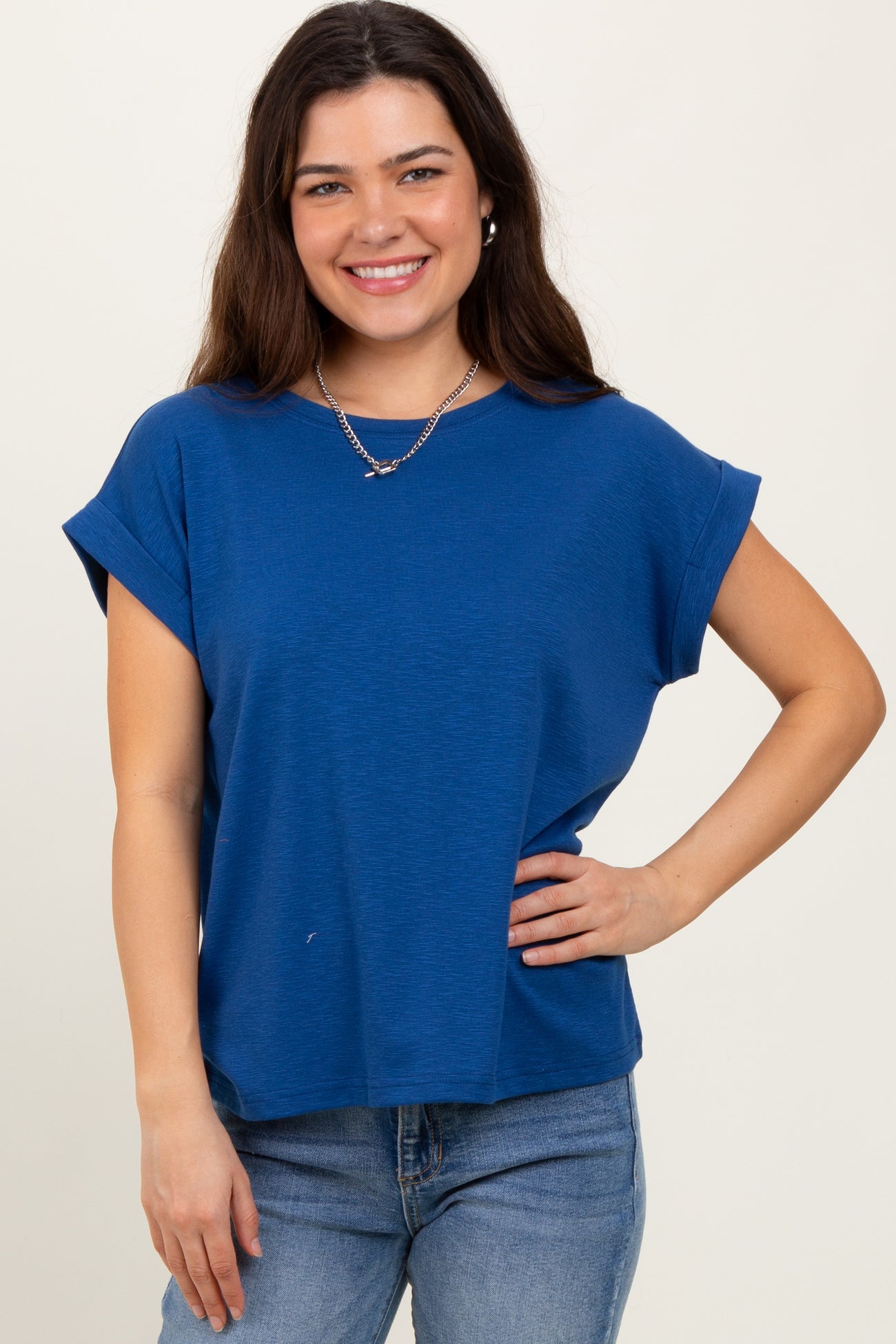Light Navy Rolled Short Sleeve Maternity Tee
