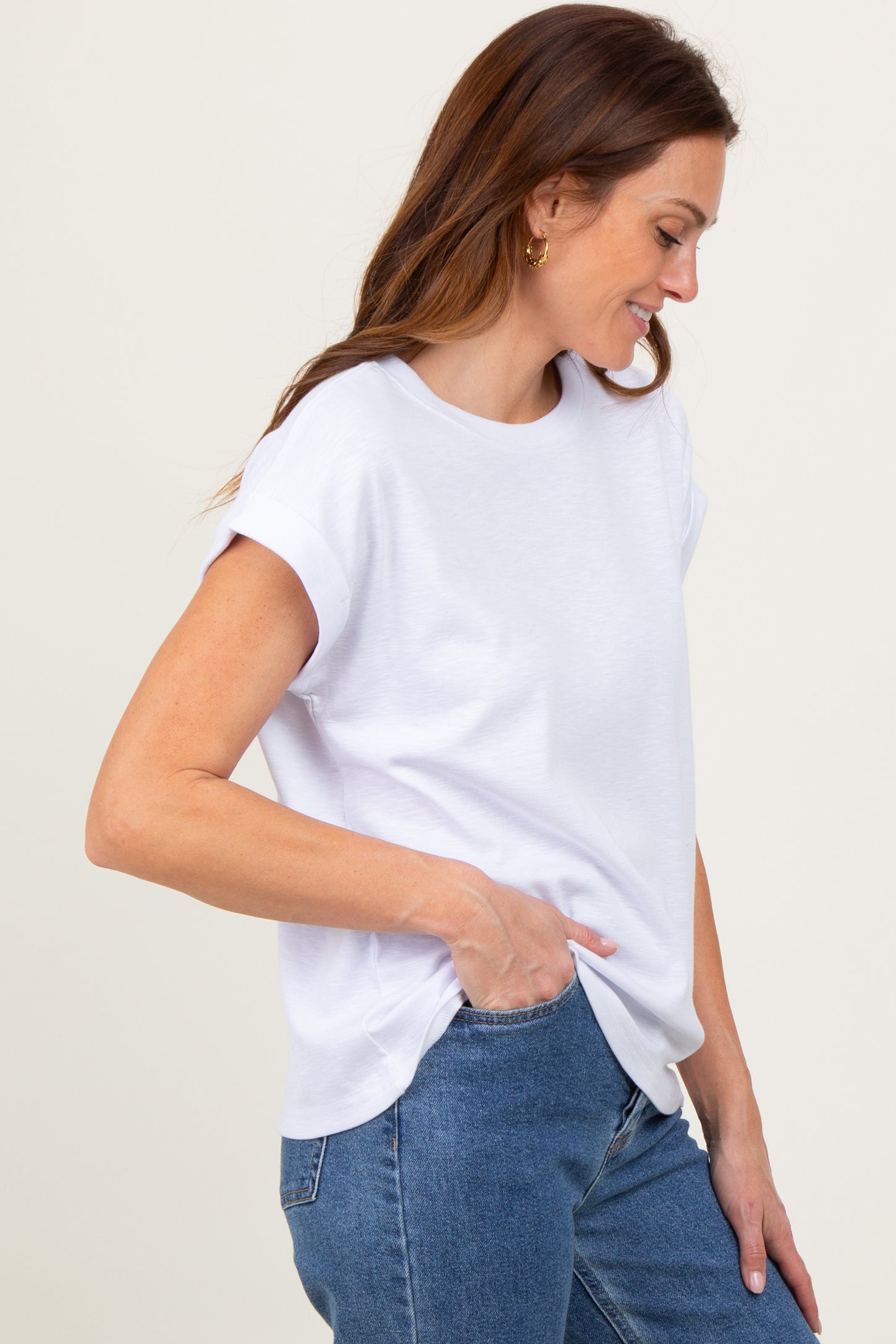 White Rolled Short Sleeve Tee