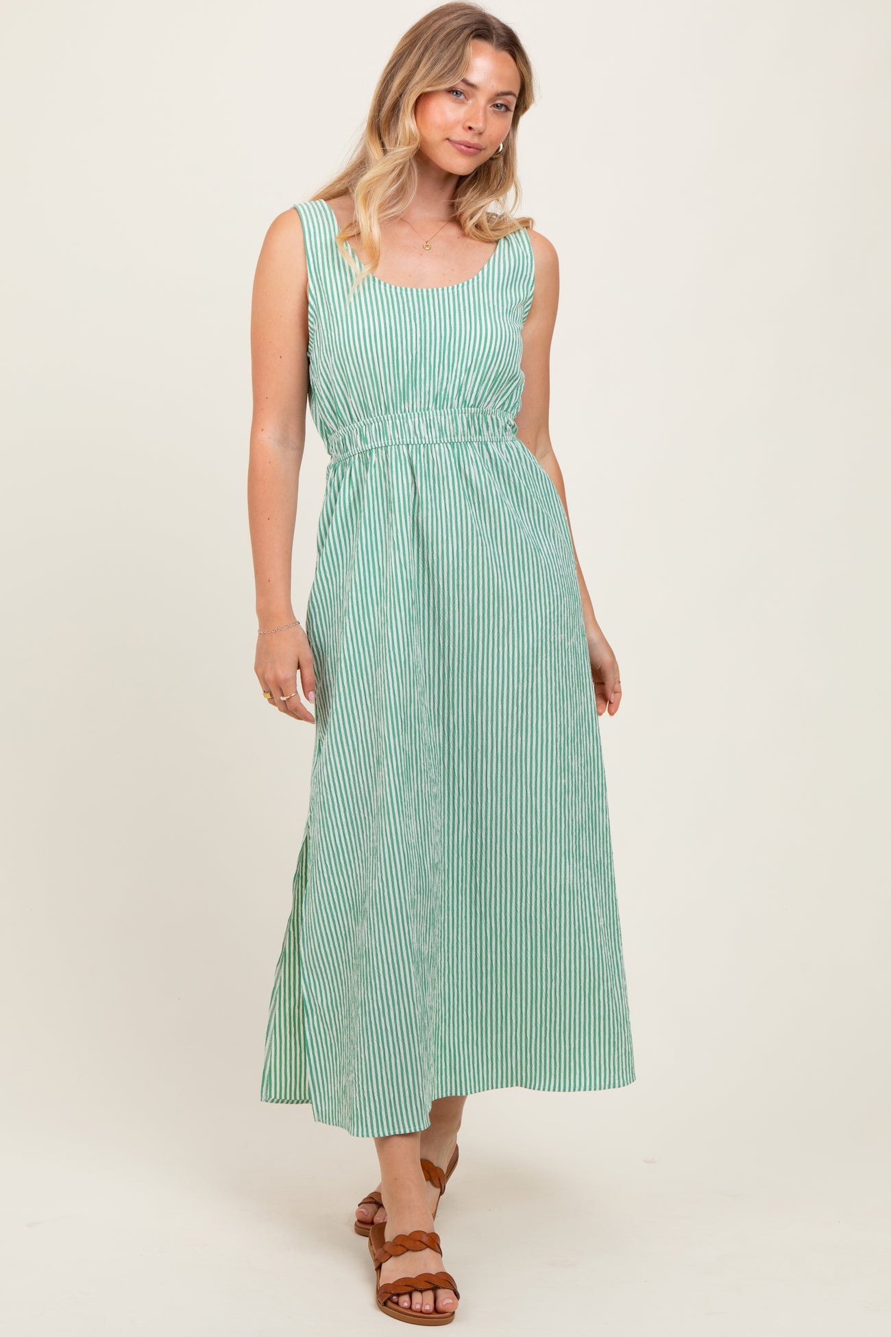 Green Striped Sleeveless Cutout Side Slit Maternity Maxi Dress