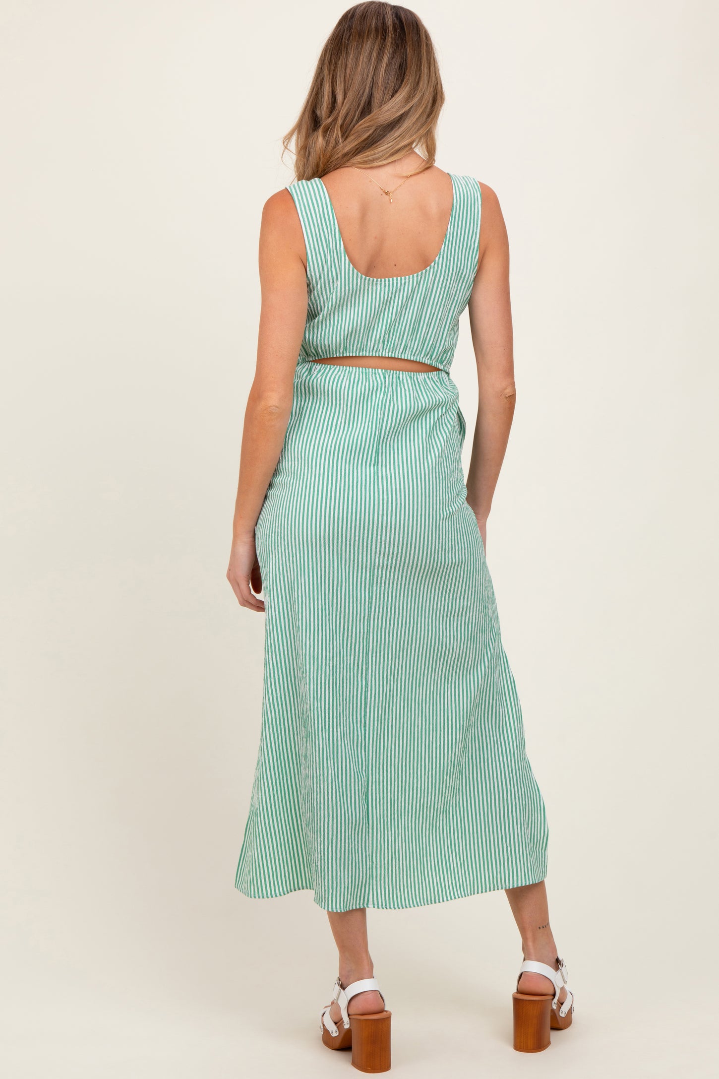 Green Striped Sleeveless Cutout Side Slit Maternity Maxi Dress