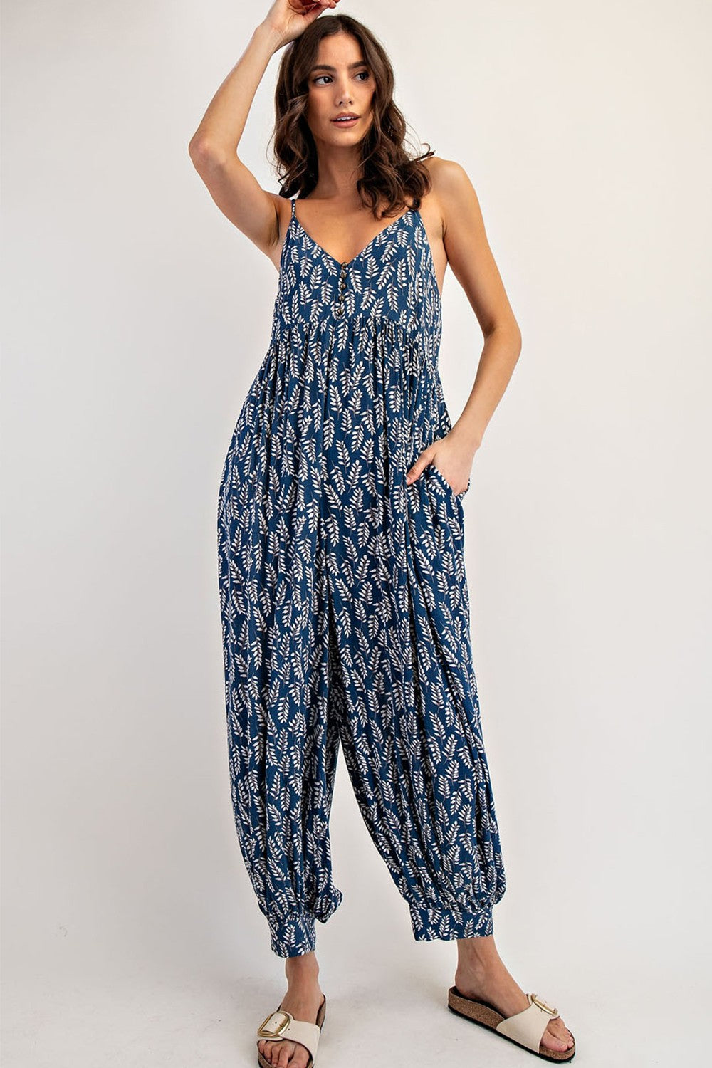 Navy Leaf Print Sleeveless Barrel Leg Jumpsuit