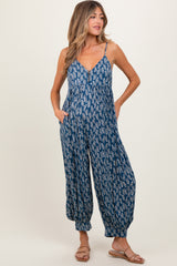 Navy Leaf Print Sleeveless Barrel Leg Maternity Jumpsuit