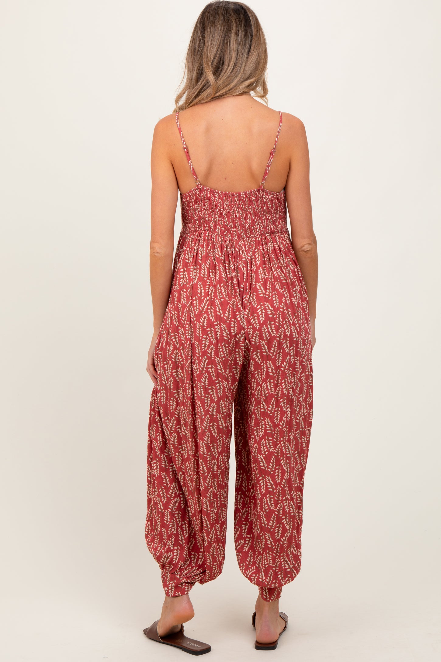 Rust Leaf Print Sleeveless Barrel Leg Maternity Jumpsuit
