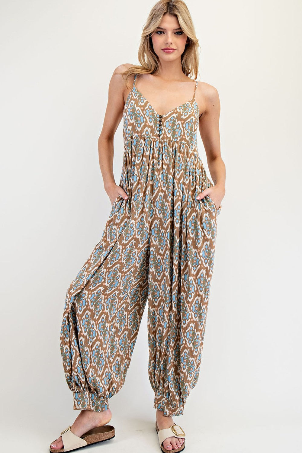 Taupe Printed Sleeveless Barrel Leg Maternity Jumpsuit