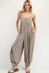 Taupe Printed Sleeveless Barrel Leg Maternity Jumpsuit