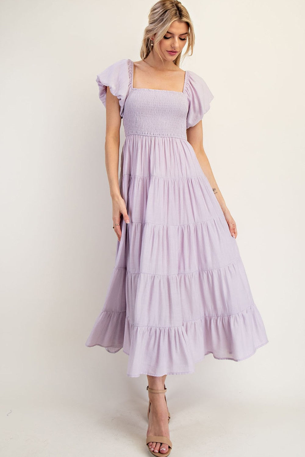 Lavender Smocked Puff Sleeve Tiered Maxi Dress