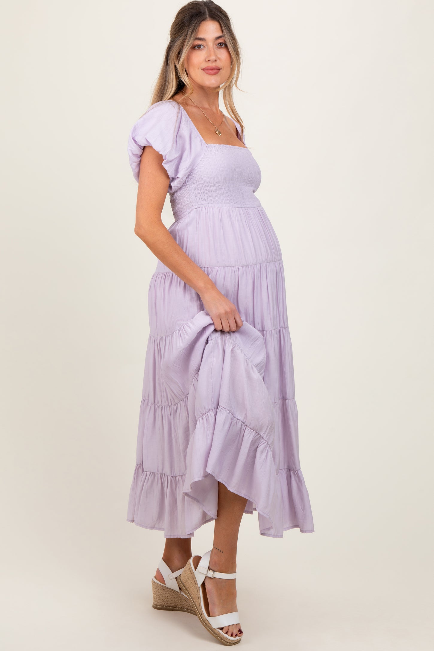 Lavender Smocked Puff Sleeve Tiered Maternity Maxi Dress
