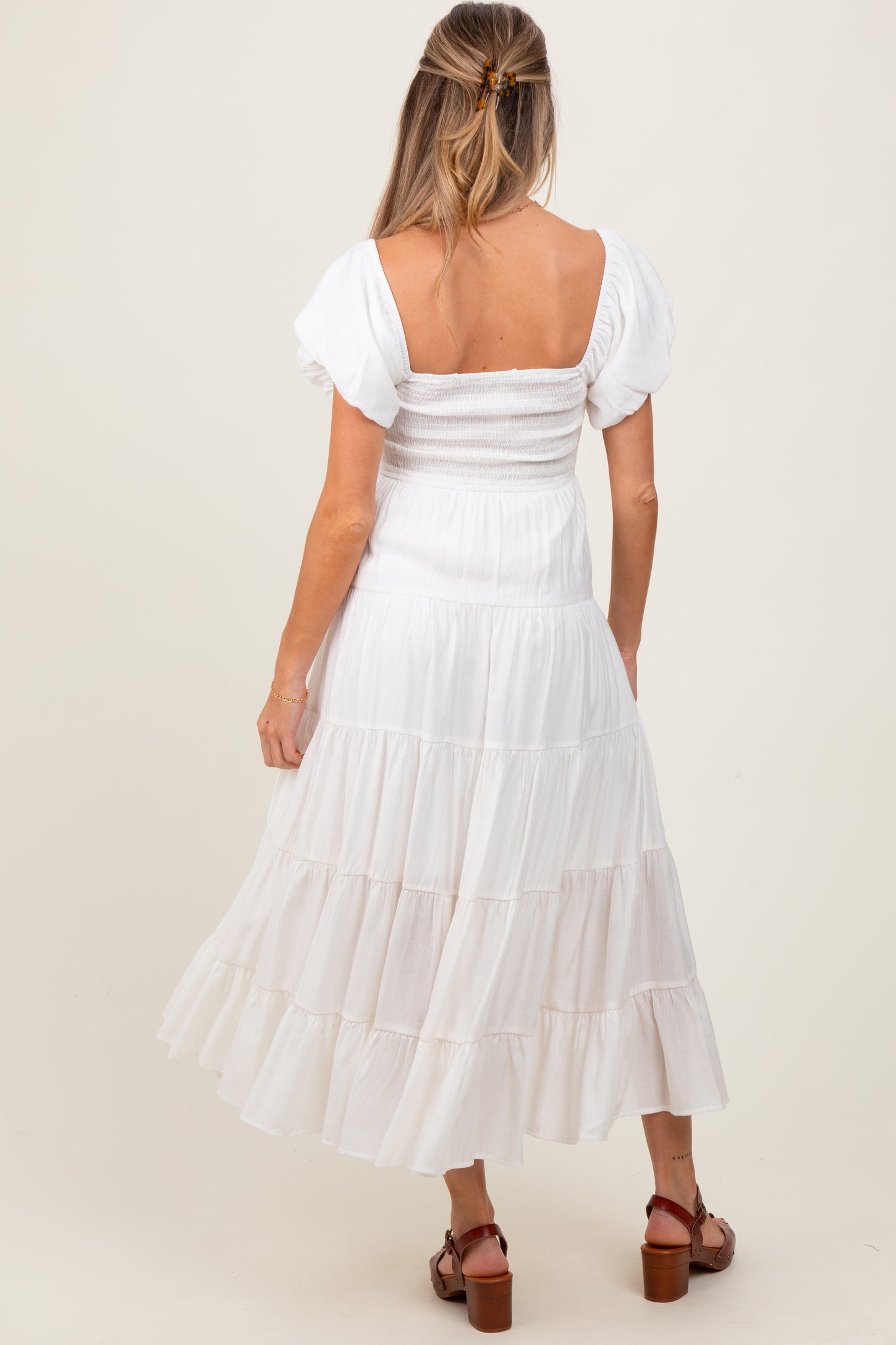 White Smocked Puff Sleeve Tiered Maternity Maxi Dress
