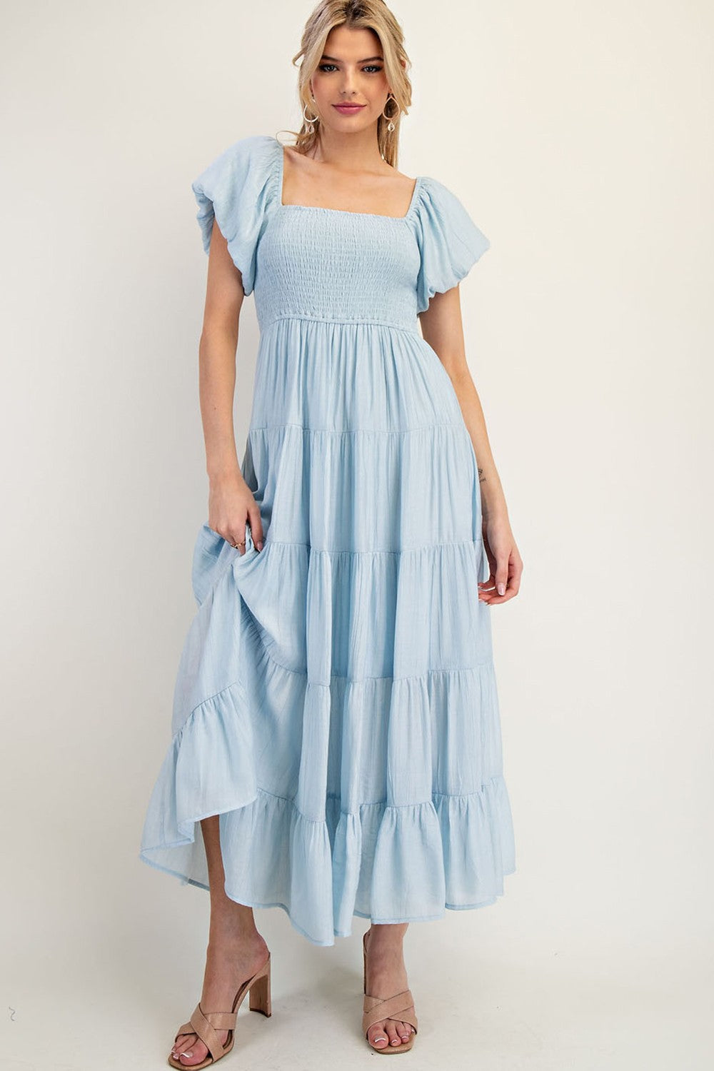 Light Blue Smocked Puff Sleeve Tiered Maxi Dress