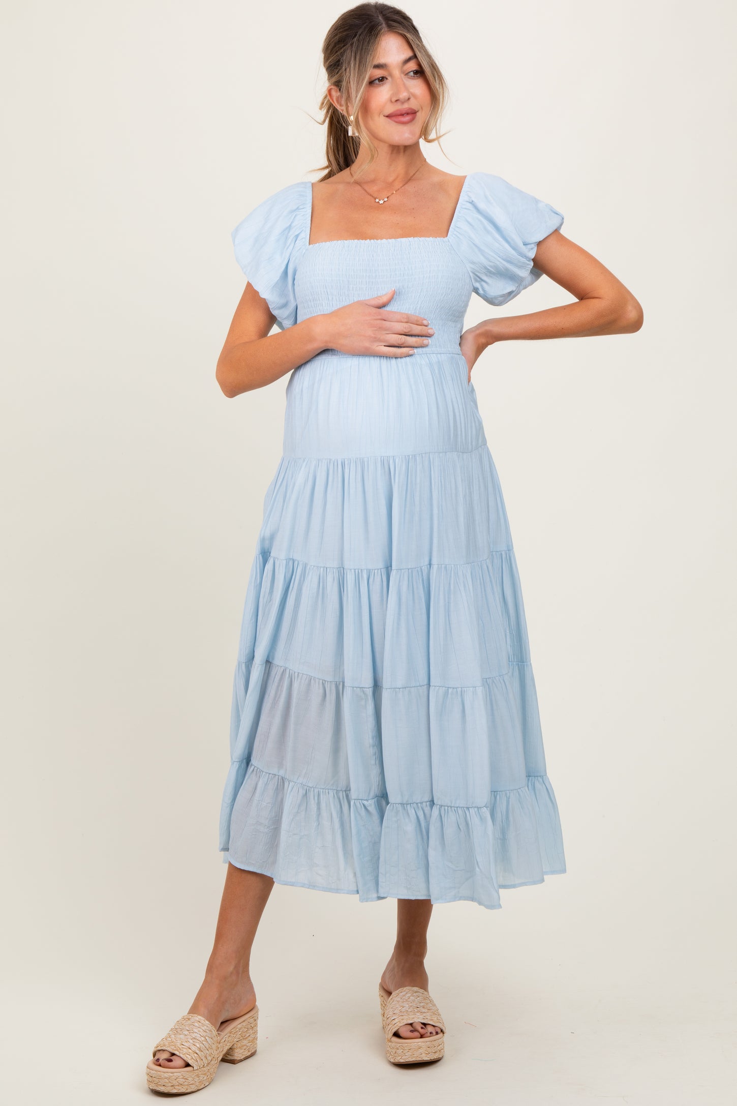 Light Blue Smocked Puff Sleeve Tiered Maternity Maxi Dress