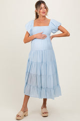 Light Blue Smocked Puff Sleeve Tiered Maternity Maxi Dress