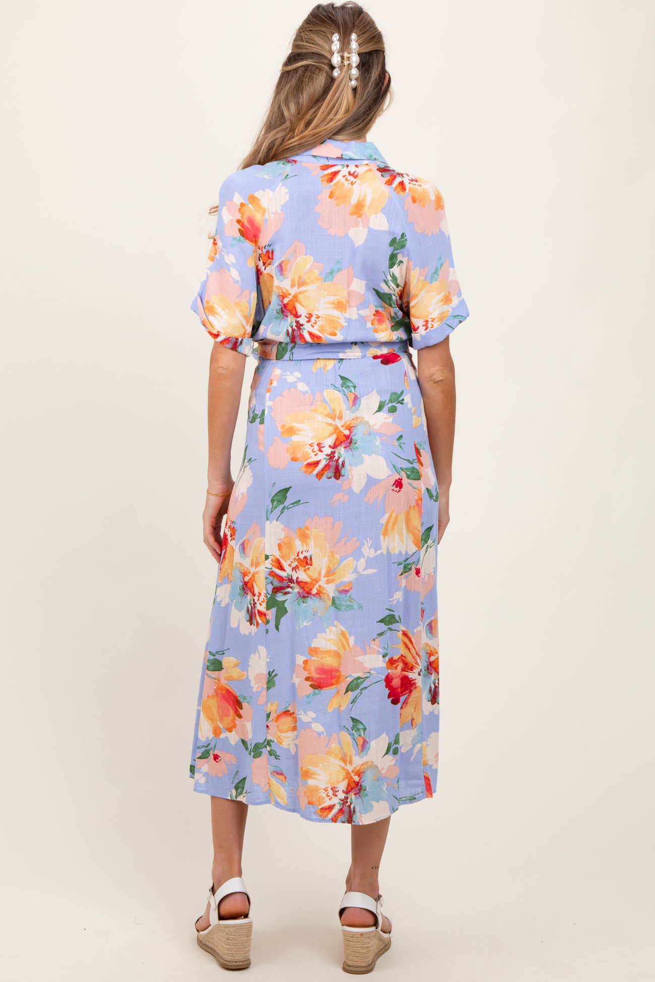 Periwinkle Floral Linen Blend Maternity Shirt Dress