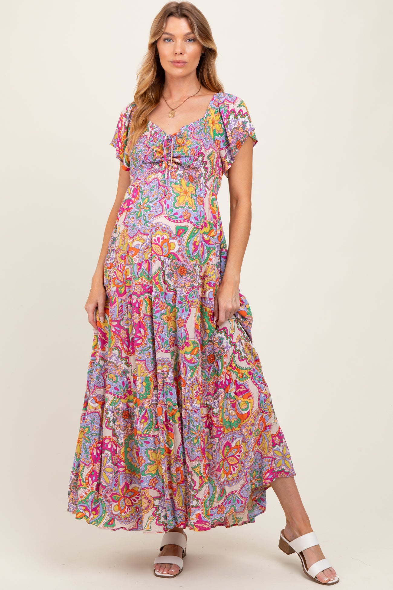 Lavender Floral Paisley Smocked Tiered Maternity Maxi Dress