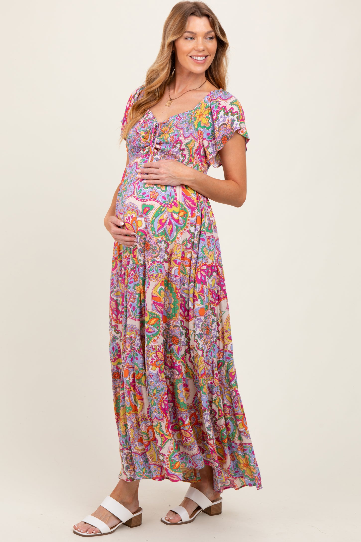 Lavender Floral Paisley Smocked Tiered Maternity Maxi Dress